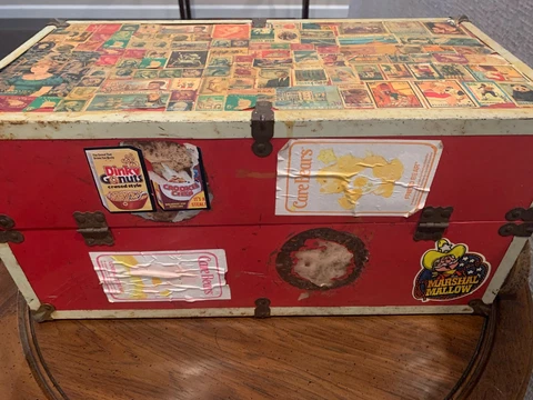 Red Metal Trunk covered with assorted stamps. ONE OF A KIND PIECE !! Vintage Cover