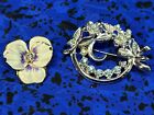 2 vtg costume jewelry pins: pansy bloom, silver-tone leaf&ribbons w/blue rhinest