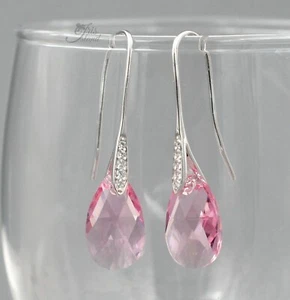 Women Sterling Silver Drop Dangle earrings Made With Swarovski Crystal Pink 0140 - Picture 1 of 5