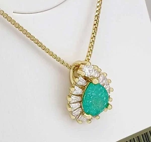 GENUINE 2.48 Cts EMERALD & LAB WHITE SAPPHIRE NECKLACE 14K YELLOW GOLD PLATED - Picture 1 of 5