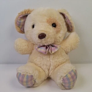 Vintage Tan Puppy Plush Check Bow Tie Inside Ears Paw Bottoms Patch On Eye 10’ - Picture 1 of 16