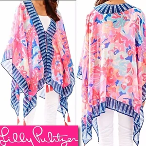 NWT Lilly Pulitzer Island Caftan OS in Playa Hermosa Engineer Hot Pink + Tassels - Picture 1 of 11