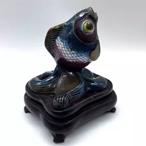 Scultura pesce carpa koi vintage Cloissone ottone smaltato 5-1/2" base legno - Foto 1 di 9