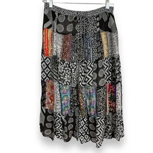 Gonna scopa patchwork midi coulisse elastico in vita hippie boho nera - Foto 1 di 15