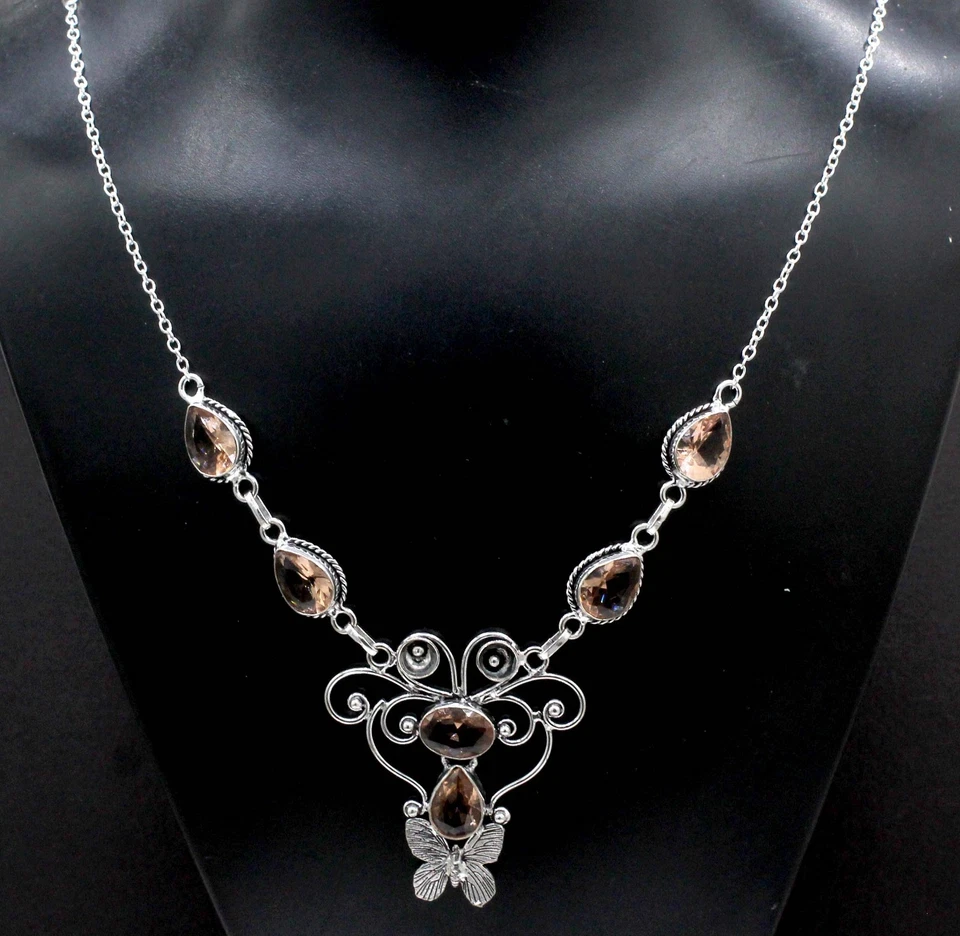 925 Sterling Silver Peach Morganite Gemstone Handmade Jewelry Necklace Sz-17-18 - Image 1 of 4