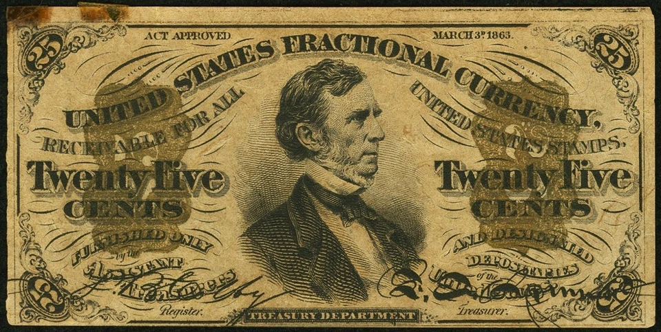 FR 1299 - 25c THIRD ISSUE - FIBER PAPER - SOLID BRONZE - GREEN BACK w/ "M-2-6-5" - Image 1 of 4