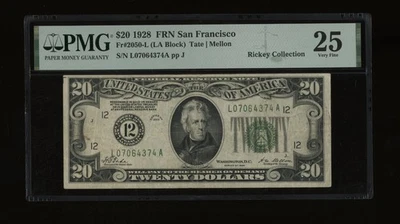 DBR 1928 $20 FRN San Francisco Numeral Fr. 2050-L PMG 25 Serial L07064374A - Image 1 of 2