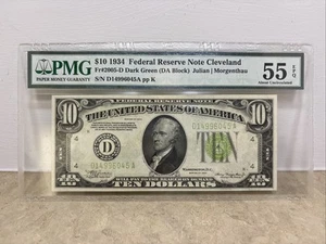 $10 1934 Federal Reserve Note Cleveland 55 AU PMG Fr#2005-D (DA BLOCK) ppk - Picture 1 of 2