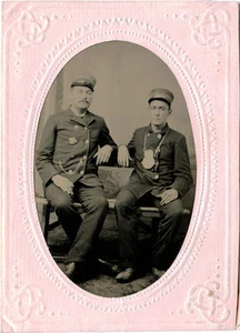 ANTIQUE TINTYPE PHOTO PORTRAIT OF TWO MEN WEARING CONDUCTOR? UNIFORM, BADGES - Picture 1 of 2