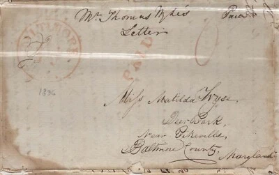 1836 Juy 3: 3 Page letter from Campe E ; BALTIMORE Md to Matilda Wyse Deer-Park - Image 1 of 4