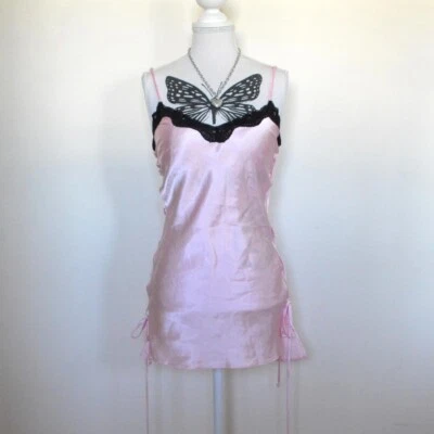 00s 2000s Y2k baby pink black mini slip dress nightgown lingerie strappy size S - Image 1 of 4