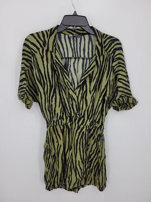 Romper Zara Feminino XS Verde Preto Estampa de Zebra Manga Curta Boho Artístico Casual - Imagem 1 de 4