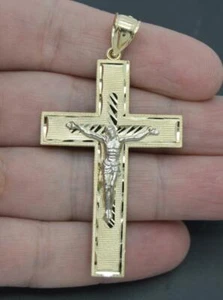 Real 10K Yellow White Gold Diamond-Cut Jesus Christ Crucifix Cross Pendant 7.2gr - Picture 1 of 5