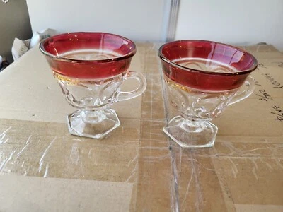 2 VTG INDIANA GLASS RUBY FLASH KINGS CROWN THUMBPRINT FOOTED PUNCH CUPS "BIN A" - Image 1 of 4
