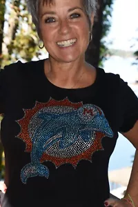 Dolphins football rhinestone bling shirt or tank XS S M L XL XXL 1X 2X 3X 4X 5X - Picture 1 of 15