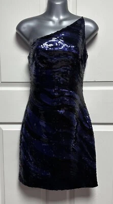 HALSTON NWT! MSRP $475 Blue Black Sequins Off Shoulder Mini Party Dress Size 0 - Image 1 of 4