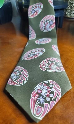 Henry Grethel Olive Green Pink Lavender Necktie 100% Italian Silk 3¾" - Image 1 of 4