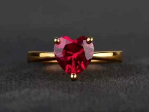 14K Yellow Gold Pleted 2Ct Heart Cut Lab Created Red Ruby Engagement Ring - Picture 1 of 8