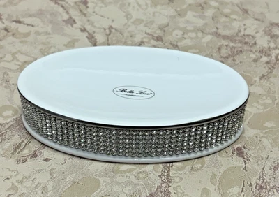 NEW! Bella Lux Rhinestones Oval Ceramic Soap Dish White - Image 1 of 4