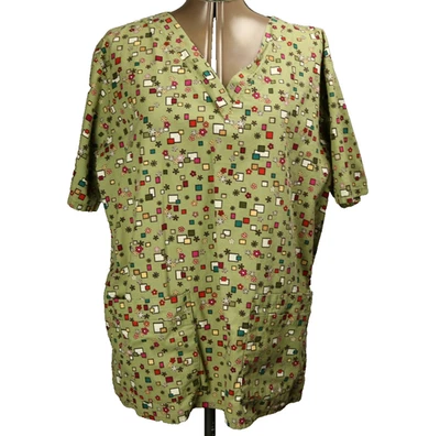 Cottonality 100% Cotton Scrub Top Short Sleeve V-Neck Green Multicolor XL / 1X - Image 1 of 4