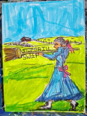 Mujer sosteniendo una escoba Western ACEO ATC ROBLE ORIGINAL 3,5 x 2,5 pulgadas Foto 1 de 3