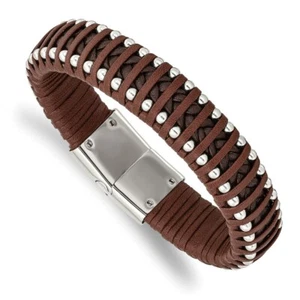 Stainless Steel Polished Beaded Brown Leather 8.25in Bracelet - Picture 1 of 3