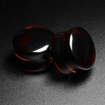 Enchufe convexo de doble llamarada de vidrio con topacio ahumado | Estiradores de oreja de vidrio Foto 1 de 3