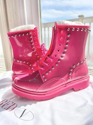 Botas de combate rojas (V) Valentino fucsia de goma con tachuelas para mujer US6M/EU36 $350 ¡RARAS! Foto 1 de 4