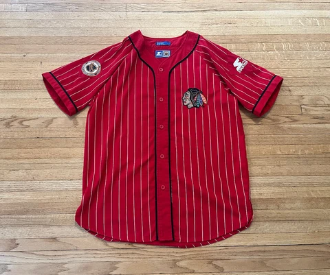 Chicago Blackhawks Vintage 90’s Starter Pinstripe Baseball Jersey Mens L EUC NHL Cover