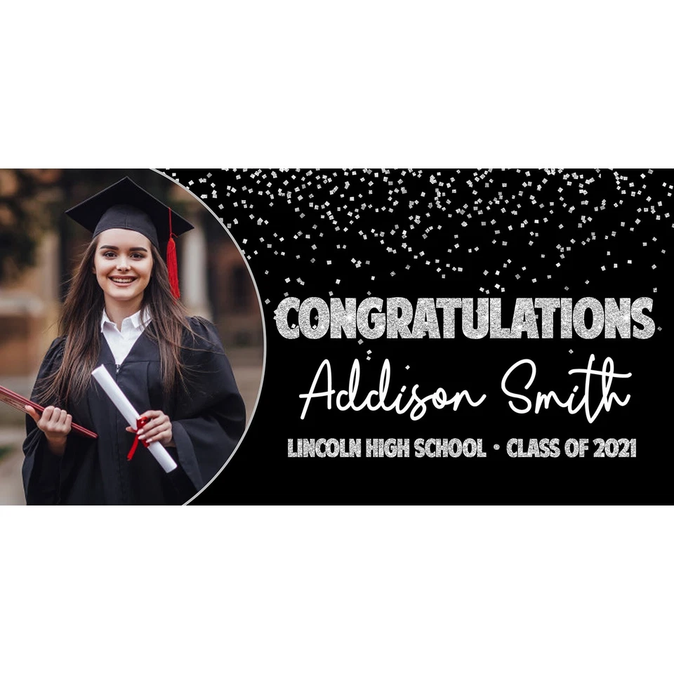 Banner de graduación fotográfico personalizado plateado y negro Foto 1 de 1