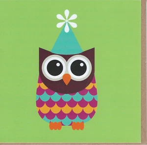 Búho con sombrero de fiesta tarjeta de felicitación - interior en blanco totalmente nuevo - Imagen 1 de 1