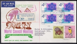 1967 Australia 45c Total 4c YWCA Council Block FDC Uprated Registered BELGIUM - Picture 1 of 3