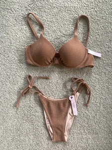 Victoria's Secret Shimmer Push Up Bikini Top & Brazilian Bottom Swim Light Brown - Picture 1 of 9