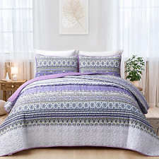 3 Pcs Boho Quilt Set King Size Purple Bohemian Striped Quilt Bedding Set