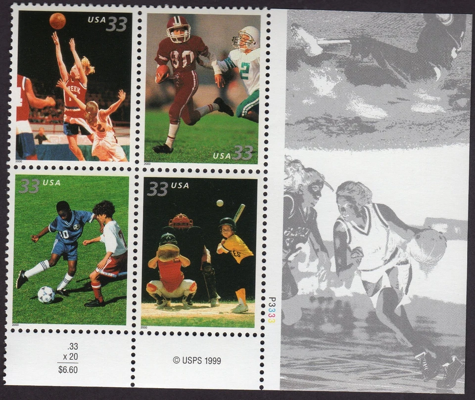 Scott #3402a (3399-3402) Youth Sports Plate Block of 4 Stamps - MNH (LR) - Image 1 of 1