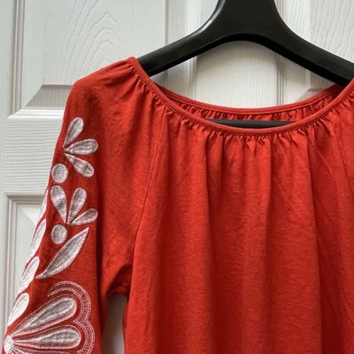 Talbots Women's Size Large Cotton Modal Knit Puff Sleeve Top Embroidered Flowers - Image 1 of 4