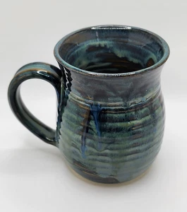 Vtg Studio Art Pottery Mug Cup Blues Greens Drip Glaze Hand Thrown Commonwealth - Picture 1 of 8