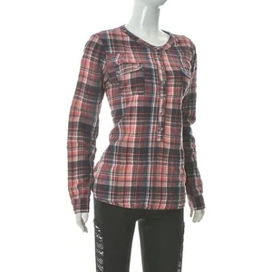 Replay Women's Half Button Oxford Shirt Band Neck Top Long Sleeve Plaid Medium - Picture 1 of 8