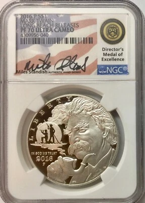 2016-P Mark Twain Silver Dollar Long Beach Releases NGC PF70UCAM Miles Standish  - Image 1 of 4