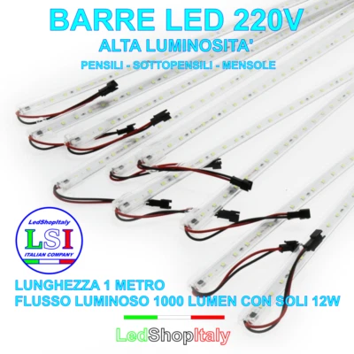 Barra striscia LED 1 metro 12W 220V profilo alluminio mensole sottopensili - Immagine 1 di 4