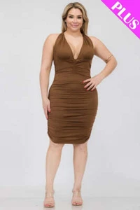 Wome Plus Plunging Neck Crisscross Back Ruched Bodycon Mini Dress Downtownbrown - Picture 1 of 1