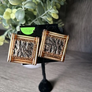 Goldtone/Silvertone Clip Artisian Style Square 1.5" Earring - Picture 1 of 6