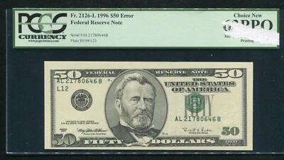 FR. 2126-L 1996 $50 FRN “MISALIGNMENT OF FACE PRINTING ERROR” PCGS UNC-63PPQ - Image 1 of 2