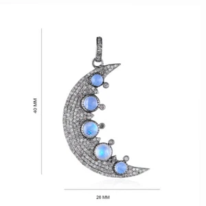 Rainbow Moonstone Crescent Moon Pendant Pave Diamond 925 Sterling Silver Jewelry - Picture 1 of 4