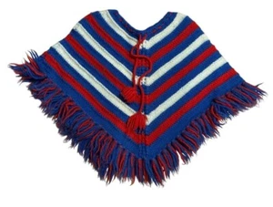 Vtg Handmade Knitted Childs Poncho With Fringe Trim Bold Stripes Red White Blue - Picture 1 of 6