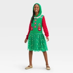 Girls Green & Red Knit Christmas Elf Hoodie Holiday Tulle Dress  Medium (8) - Picture 1 of 1
