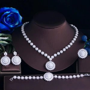 Women Dazzling Cubic Zirconia Sunflower Silver Plated Wedding Bridal Jewelry Set - Picture 1 of 8