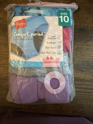 Hanes Girls 4 Pack Comfort Period Panties Moderate Protection Hipster Size 10 - Image 1 of 3