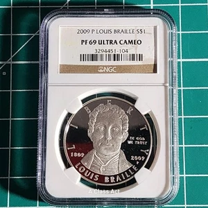2009 P LOUIS BRAILLE COMMEMORATIVE SILVER DOLLAR NGC PF69 ULTRA CAMEO T8817 - Picture 1 of 5