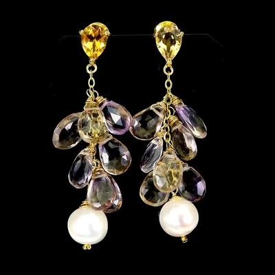 925纯银耳环Briolette Ametrine黄水晶珍珠宝石珠宝首饰 — 第 1/4 张图片